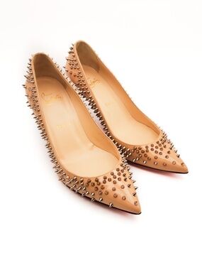 Christian Louboutin Nude Beige Patent Leather Mid Heel Spike Pumps EU 37